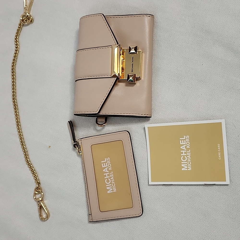 Michael Kors Whitney Pink Leather Wallet with Gold Chain and ID Holder